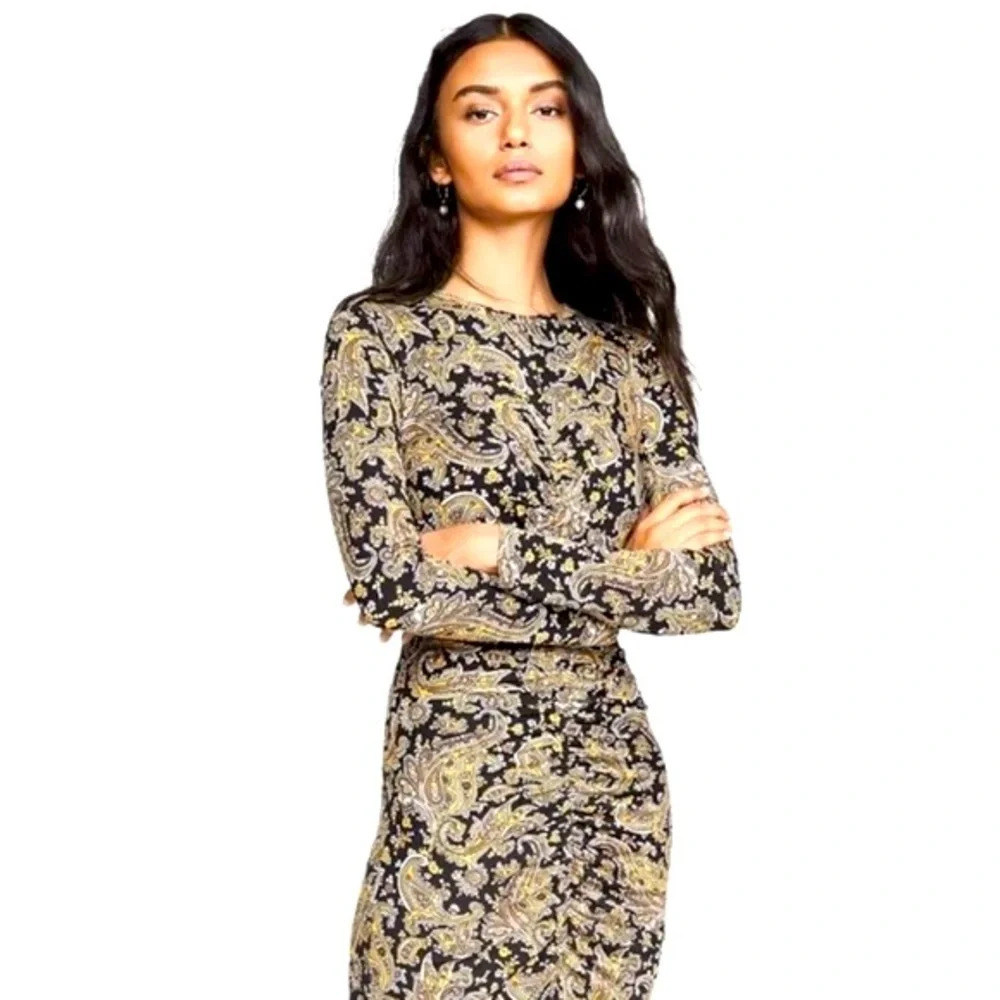 Joie Black Yellow Aja Long Sleeve Paisley Ruched Midi Dress. Size XS